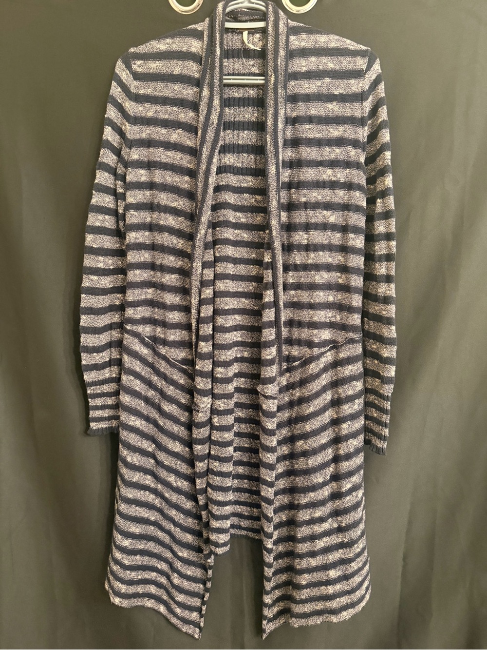 Free People Striped Open-Front Cardigan - Navy and Gray Size XS